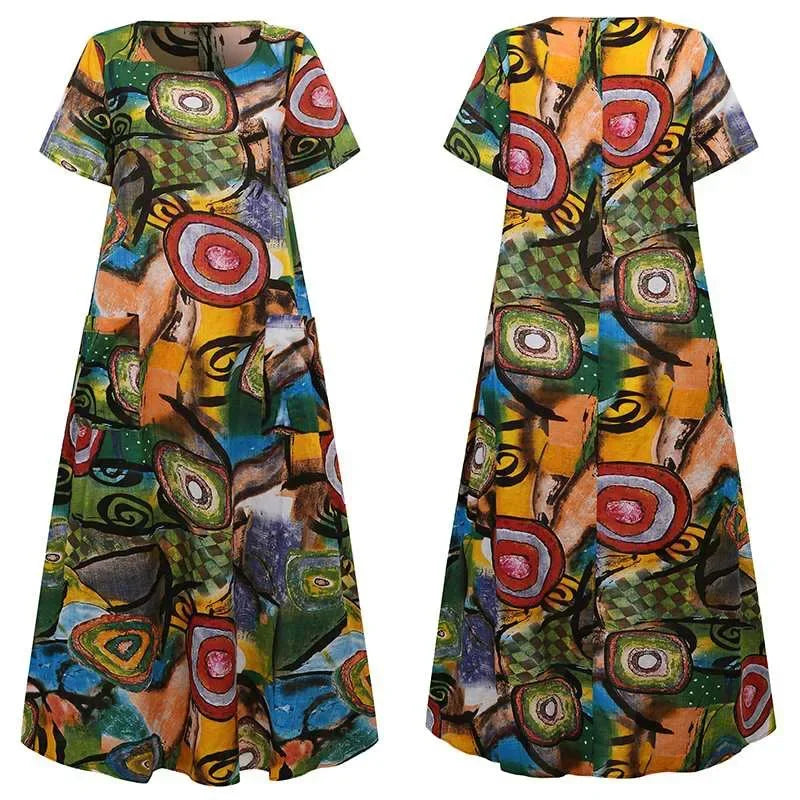 2024 New Short Sleeve Long Retro Print Dress Pocket Large Casual Dress