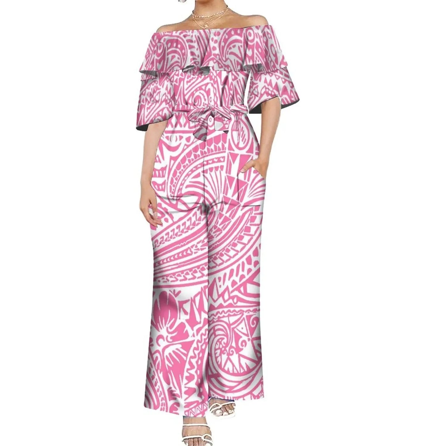 Drop Shipping Custom Polynesian Off Shoulder Frill Women One Piece Rompers Lace Up Oversized Jumpsuit With Belts Viralgem Store