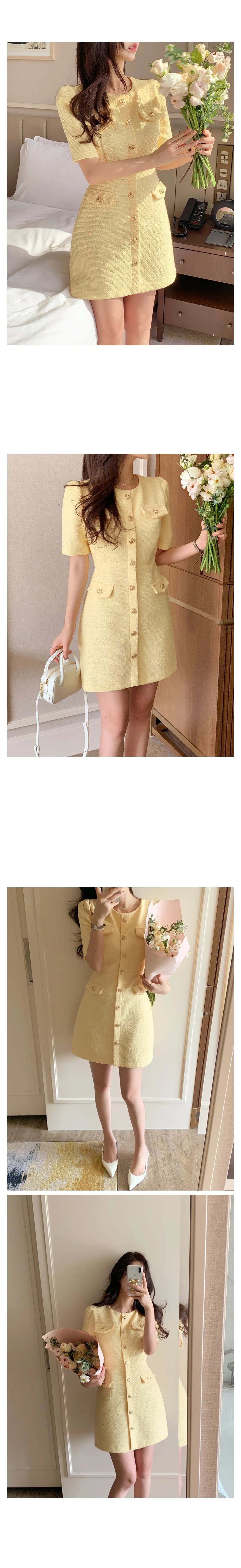 Temperament  Small Fragrance O-neck Vestidos 2024 Summer Korean Chic High Sense Tweed Puff Sleeve Dress Short Dresses Woman