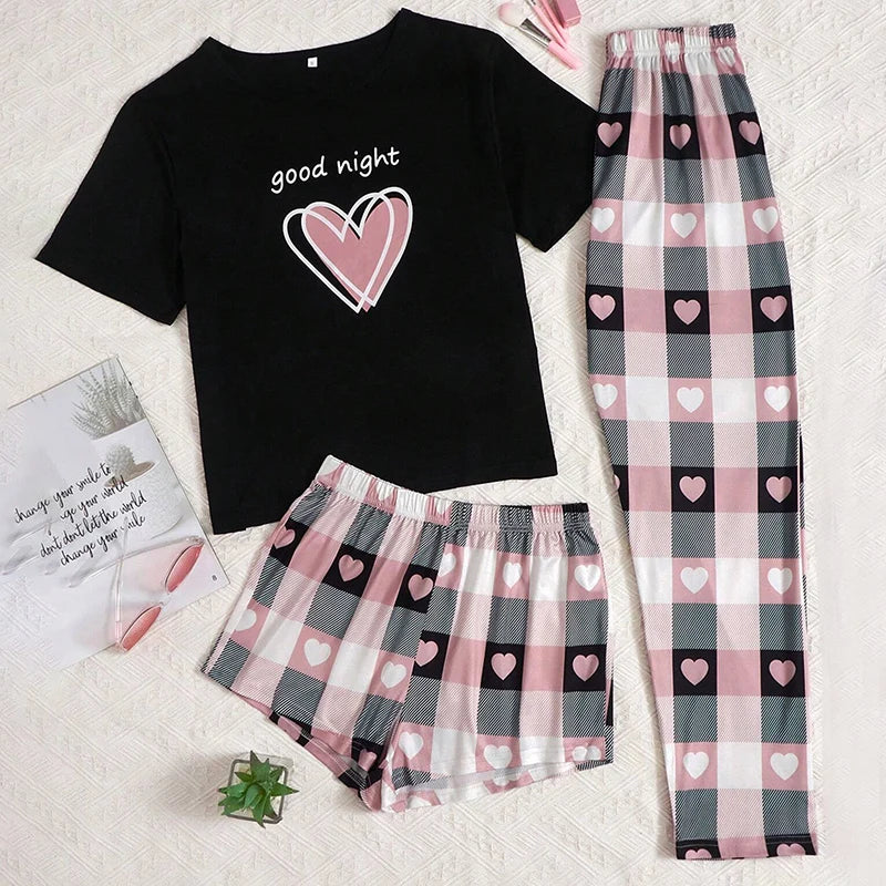 3-Piece Women's Checkered Printing Pajamas Set Soft & Comfy Crew Neck Tee Elastic Shorts & Lounge Pants Sleepwear Home Clothing
