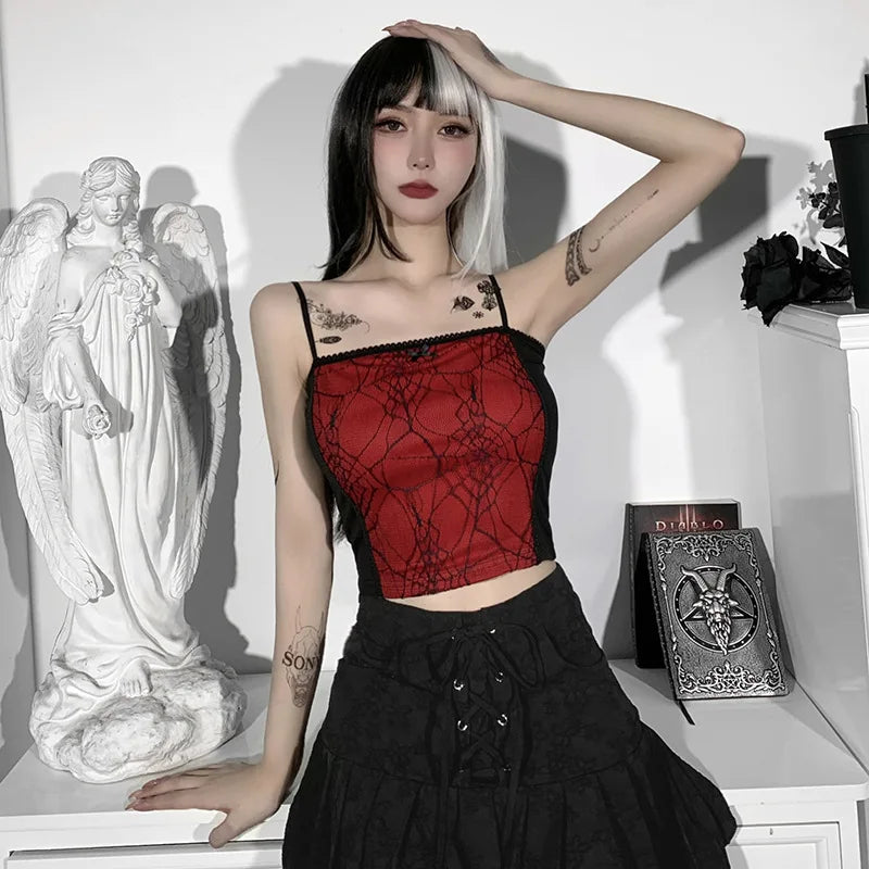 2024 Vintage Gothic Cami Tops Women Mesh Spider Net Lace Tank Vest Female Summer Sexy Club Crop Tops Harajuku 2000s clothes
