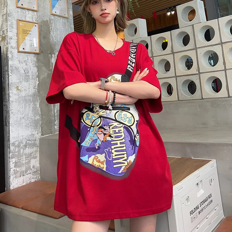 Summer Y2k Clothes New Messenger Bag Printed Pocket Zipper T-shirt Women Europea Style Casual Large Size Couple Casual Tees Tops