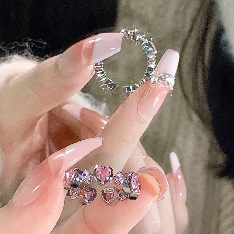 Adjustable Crystal Rings Y2K Pink Irregular Geometry Vintage Bowknot Heart Ring Set for Women Girl 2023 New Fashion Jewelry Gift Viralgem Store