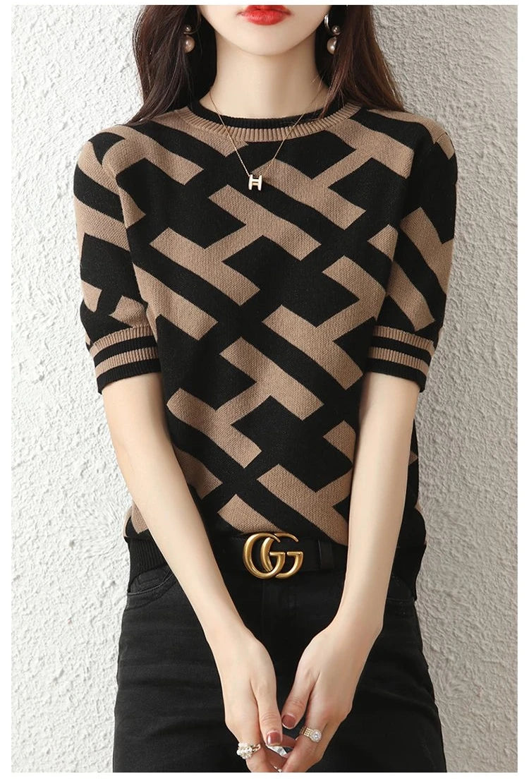 Spring Summer Knitted Top Classical Letter T-Shirt Short Sleeve Tee Korean Fashion Woman Blouse 2024 Cheap Women's Clothing Chic