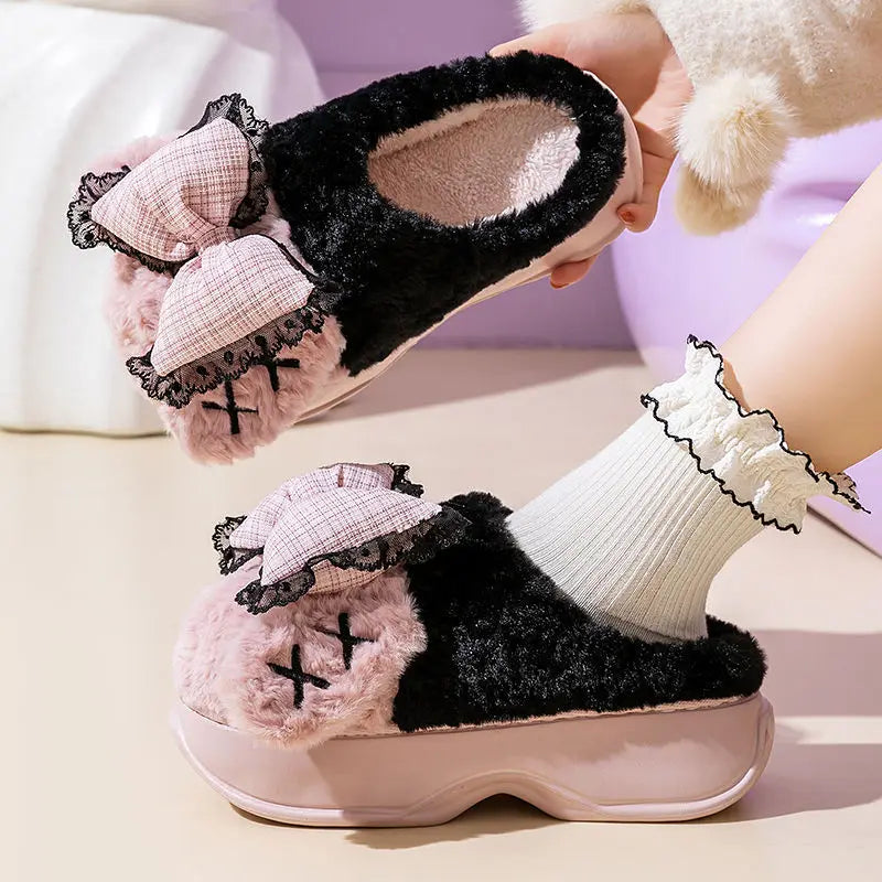 8 cm High platform fur slippers women's winter fluffy ear home shoes woman white bunny rabbit slippers woman house clog shoes