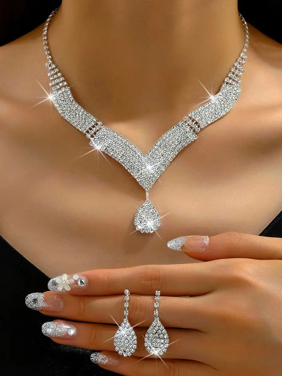 3pcs fashionable rhinestones, water droplets, necklaces, earrings, jewelry sets, women's wedding accessories Viralgem Store