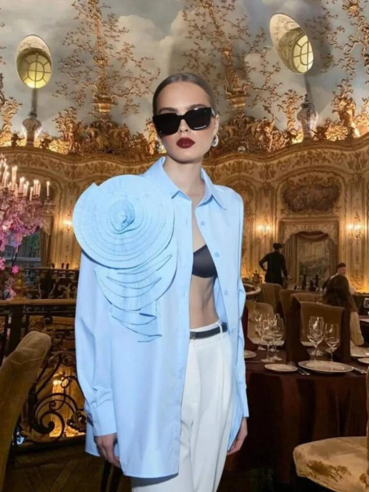 Tangada 2024 Spring Women Blue Flower Shirt Long Sleeve Female Loose Blouse Tops 4T02 Viralgem Store