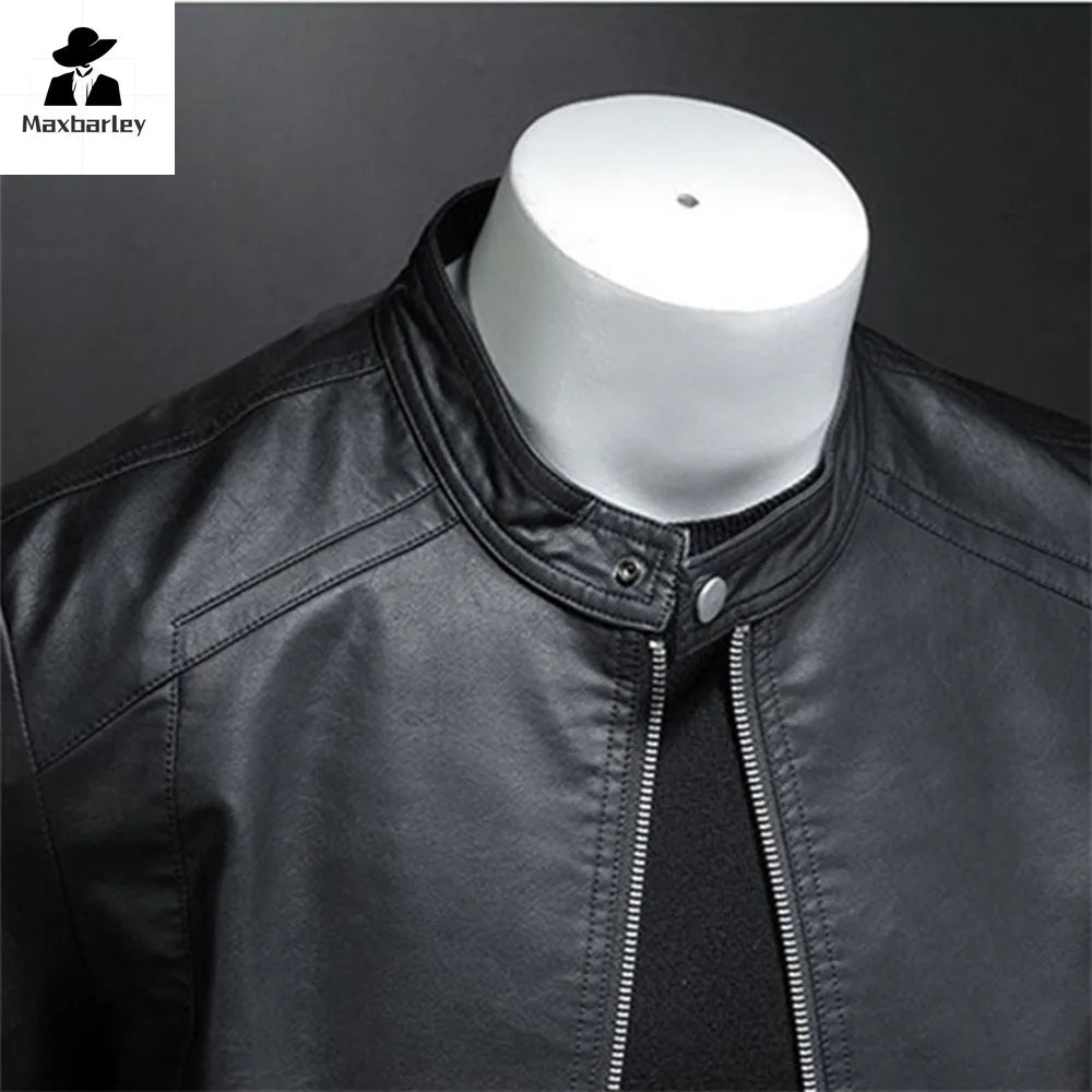 Spring Autumn Leather Jacket Men Stand Collar Slim Pu Leather Jacket Fashion Motorcycle Causal Coat Mens Moto Biker Leather Coat