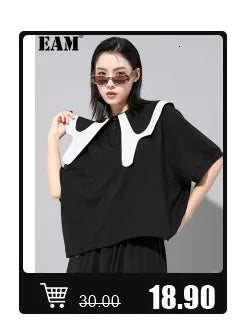 [EAM] Loose Fit Black Denim Big Size Sweatshirt New High Collar Long Sleeve Women Big Size Fashion Spring Autumn 2024 1K166