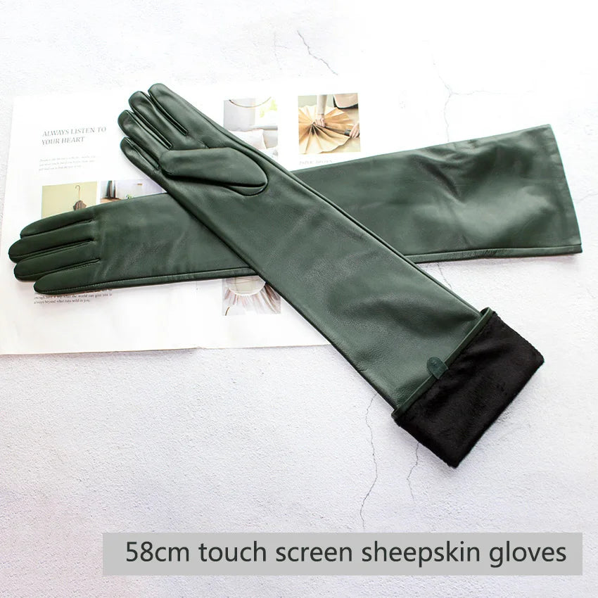 Touch Screen Extra Long Leather Sheepskin Gloves Women's Black Fashion Simple Straight Style Velvet Lining Winter Warm Sleeve