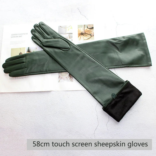Touch Screen Extra Long Leather Sheepskin Gloves Women's Black Fashion Simple Straight Style Velvet Lining Winter Warm Sleeve