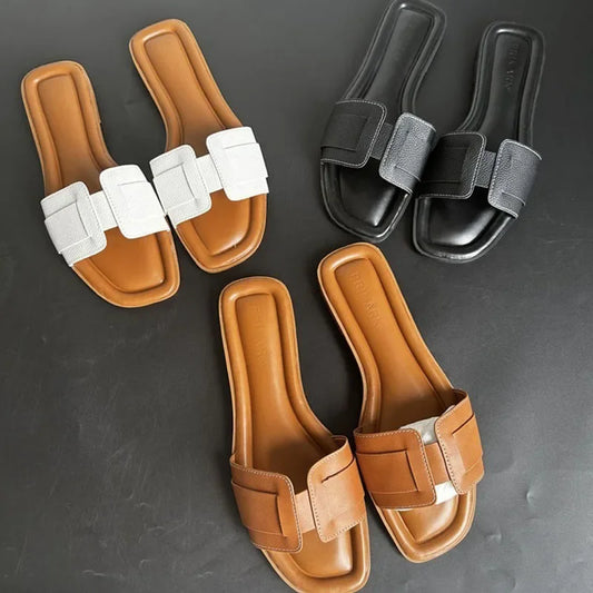 2024 Women Modern Slippers Summer Outdoors Comfortable Flat Slippers Luxury Leather Slippers Casual Slides Shoes Females Sandals