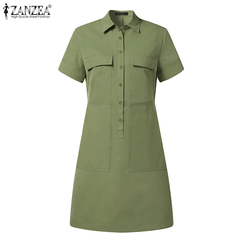 ZANZEA Women Summer Cargo Dress Fashion Solid Shirt Vestidos Vintage Loose OL Work Sundress Green Elegant Holiday Dresses Kaftan Viralgem Store