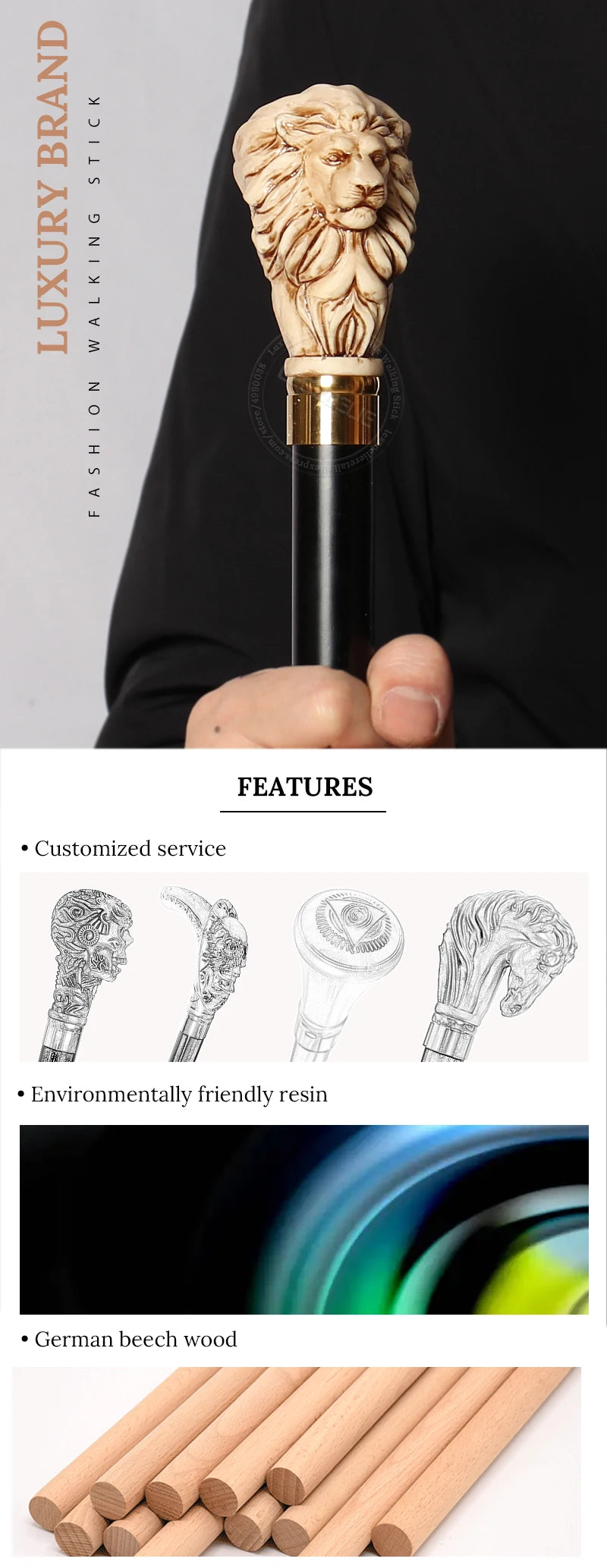 97cm Lion-Head Resin Handle Stick Men German Beech Detachable Wooden Walking Sticks Women Fashionable  Party Decorative Canes Viralgem Store