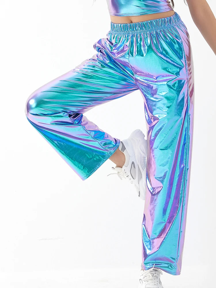 Women Adult Shiny Straight Leg Pants Casual High Waist Metallic Pants Super Long Holographic Pants Disco Bottoms Viralgem Store