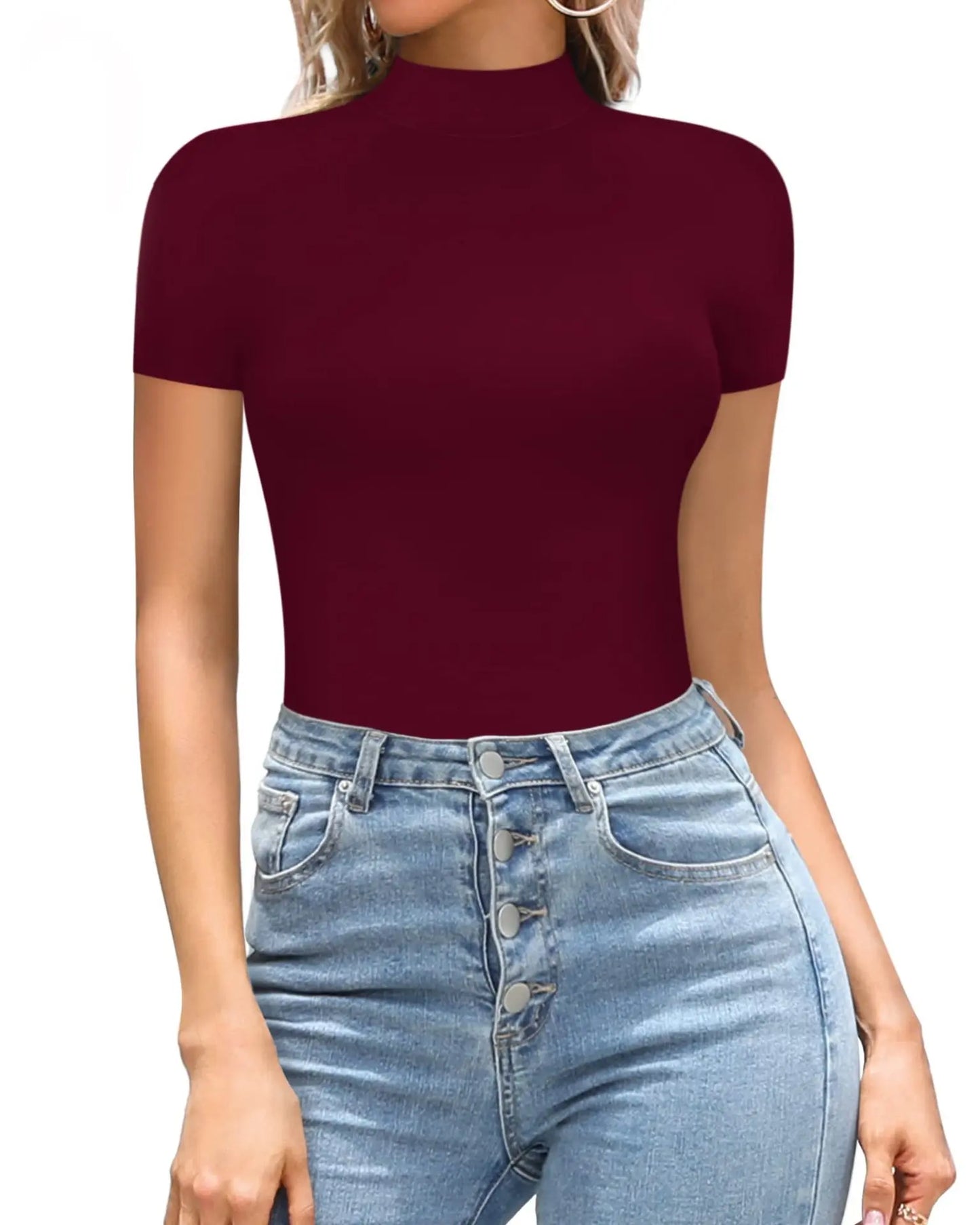 2023SpringSummer New Fashion Europe America Sexy Solid Color Medium High Neck Short Sleeve Casual Elegant Women's Tight Bodysuit