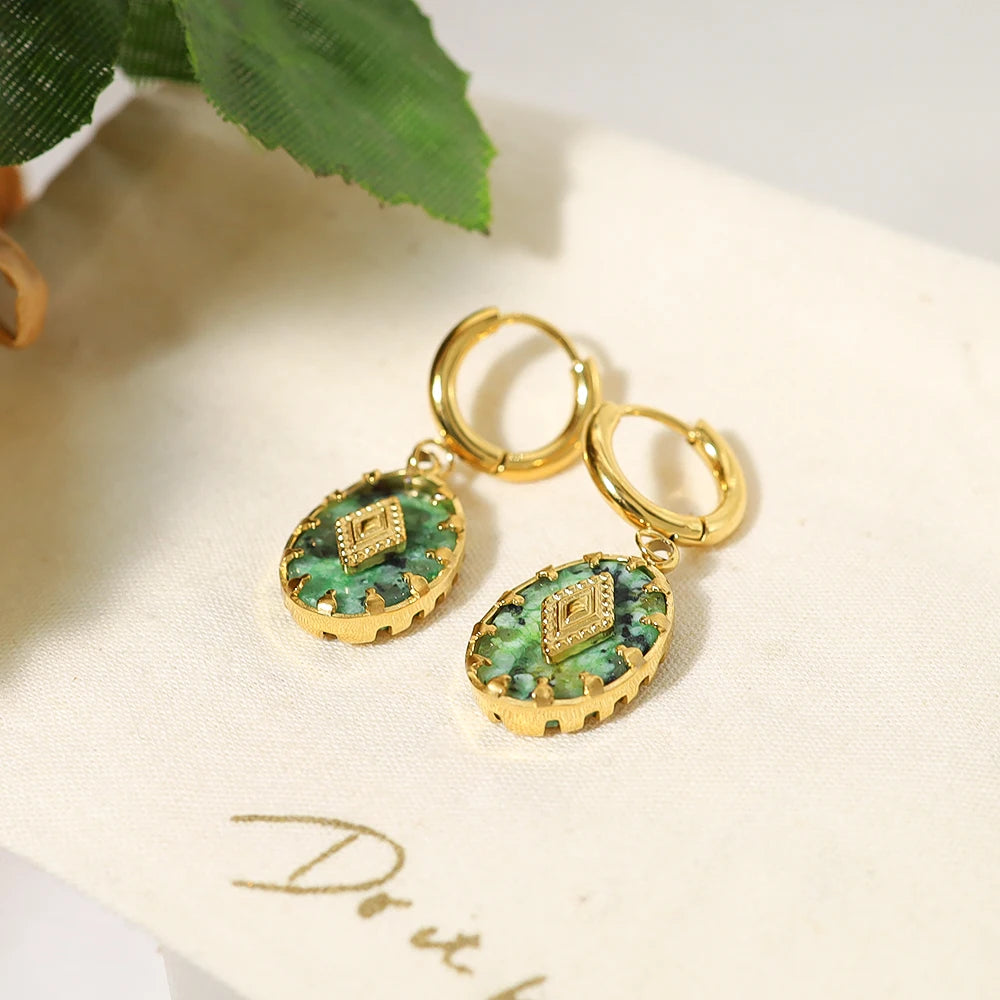 WILD & FREE 18K Gold Plated Natural Stone Stainless Steel Drop Earrings for Women Green African Turquoise Charm Vintage Jewelry