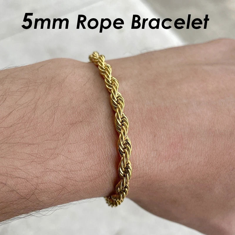 10 Pieces 3mm 5mm Rope Bracelet Stainless Steel Gold Color Rope Chain Bracelet for Men or Women