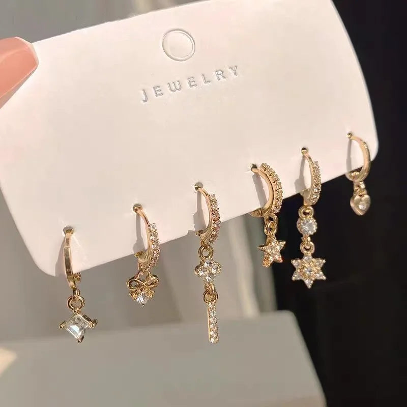 6Pcs/Set New Gold Color Geometric Pendant Hoop Earrings for Women Crystal Star Heart Bow Drop Earring Cartilage Piercing Jewelry