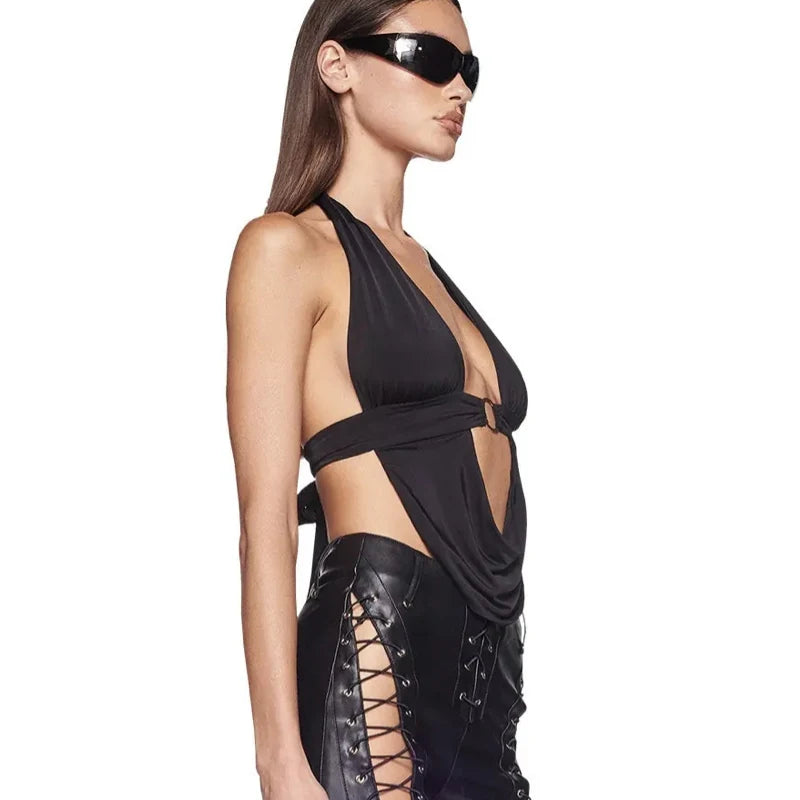 Y2k Bandage Crop Top Black Backless Top V-neck Cute Party Beach Summer Sweats Women Retro Basic Mini Vest Punk Crop Top 2024 Top