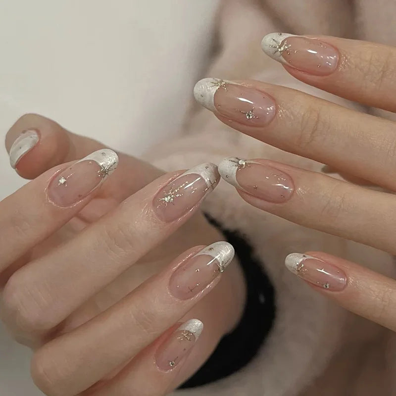 24Pcs Wearable French Fake Nails with Glue Simple Almond False Nails White Edge Design Short Full Cover Oval Nails Set Press On