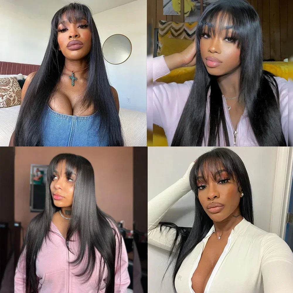 Straight Layered Cut Wigs with Bangs HD Lace Fake Scalp Synthetic Natural Layered Lace Wig For Women Glueless Heat Resistant Wig Viralgem Store