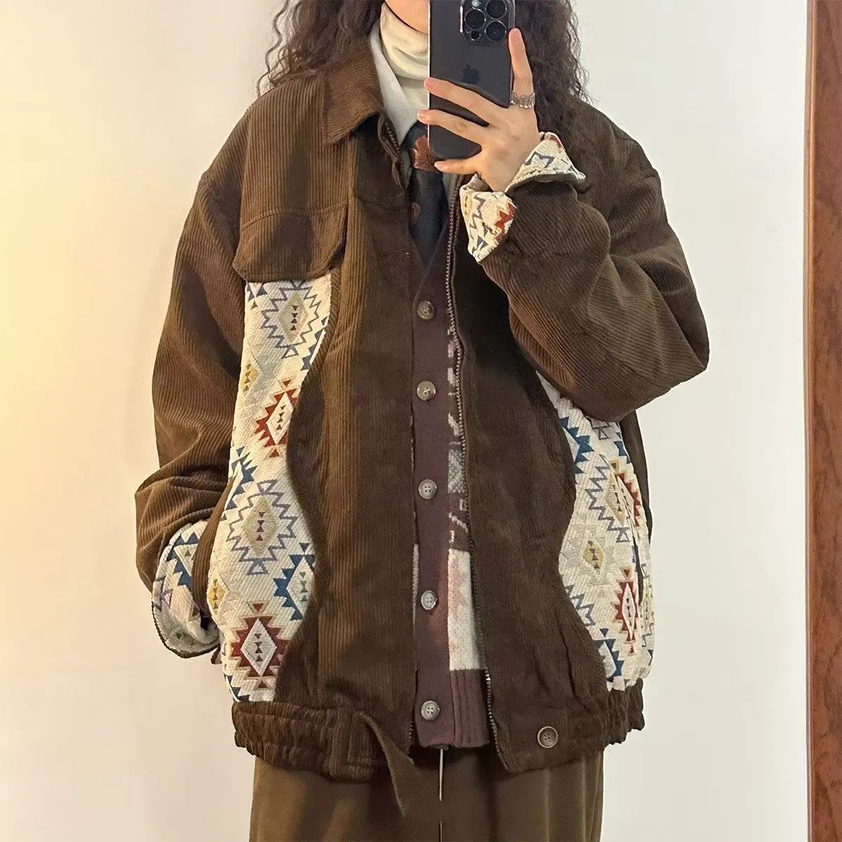 Women Jackets Geometric Contrast Color Leisure Fashion Versatile Retro Japanese Style Chic Streetwear Blocking Coats Warm Daily