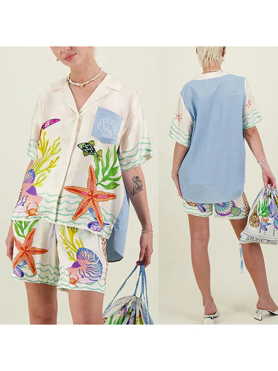 Women 2 Piece Shorts Outfits Ocean Print Button Short Sleeve Lapel T-Shirt and Elastic Shorts Club Streetwear Clothes Pjs Lounge