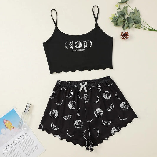 Women Pajamas Sleepwear Pajama Set Sports Camisole and Shorts Pink Black Moon and Planet Print Summer Comfortable Casual Suit Viralgem Store