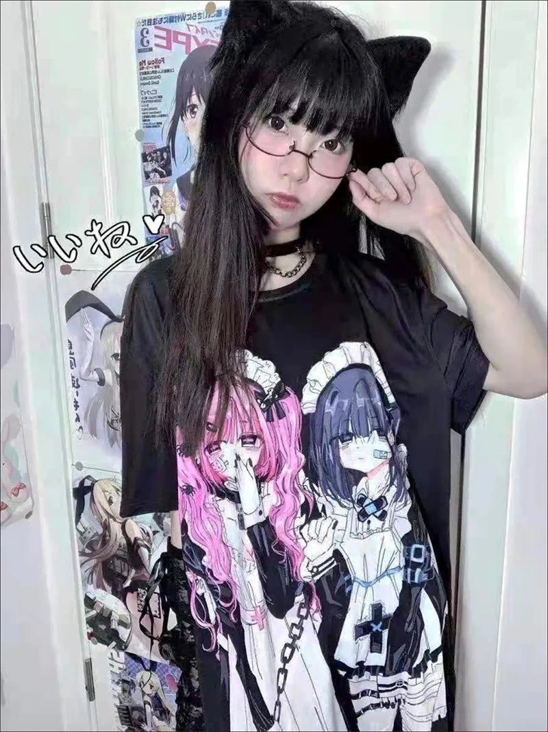 Summer Gothic Harajuku Clothes For Women Long T Shirt Oversize Japanese Fashion E Girl Print Loose Short Sleeved T-Shirt Women