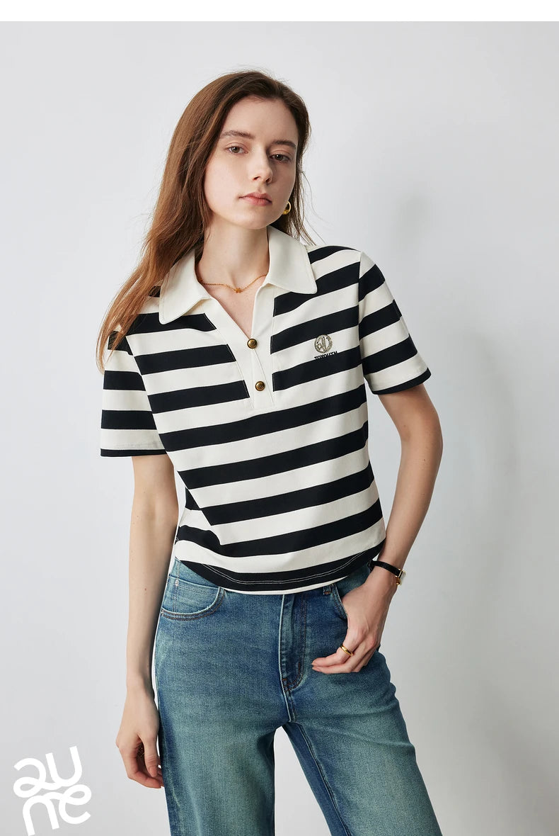 TOYOUTH Women Letter T-shirt 2024 Summer New POLO Collar Top Viralgem Store