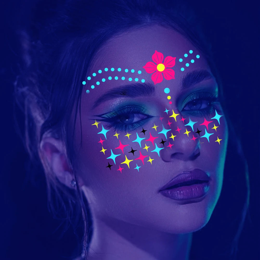 1Pcs Halloween Fluorescent Face Stickers 12-Styles Feather/Flowers/ButterflyDesign Tattoo Sticker Waterproof Glowing Face Decals Viralgem Store