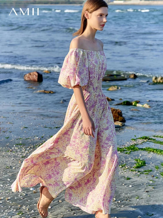 AMII Minimalism Holiday Style Dress 2023 Summer New  Square Collar Slash Neck Puff Sleeves Chic A-line Floral Vestidos 12352024 Viralgem Store