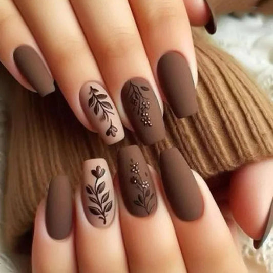 24Pcs Fashion Fake Nails Press on Long Ballet False Nails Art with Flower Design Brown Detachable Full Cover Nail Tips Manicure Viralgem Store