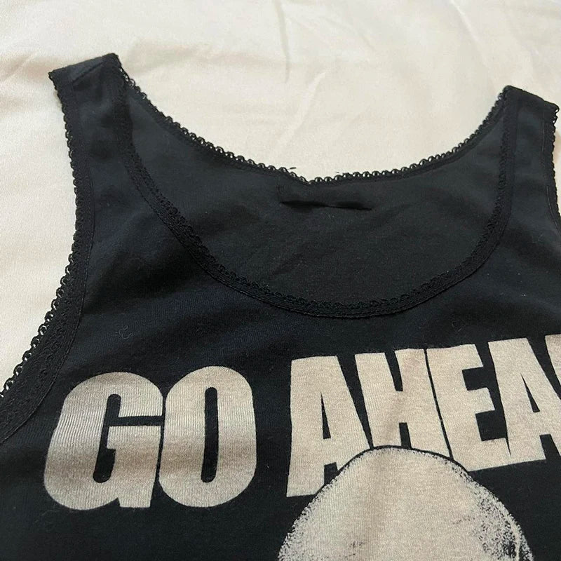 Y2K Aesthetic Women Vintage Black Vest Harajuku Skull Print Tank Top Hip Hop Rock Punk Style Sleevless Skinny Cropped Clothes