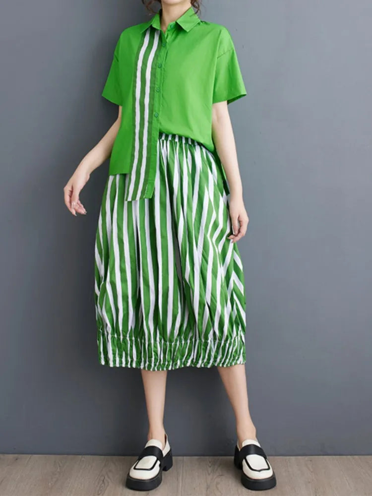 Summer Striped Print 2 Two Piece Set Women Irregular Patchwork Fashion Ladies Cropped Shirts Loose Casual Pleated Woman Skirts Viralgem Store