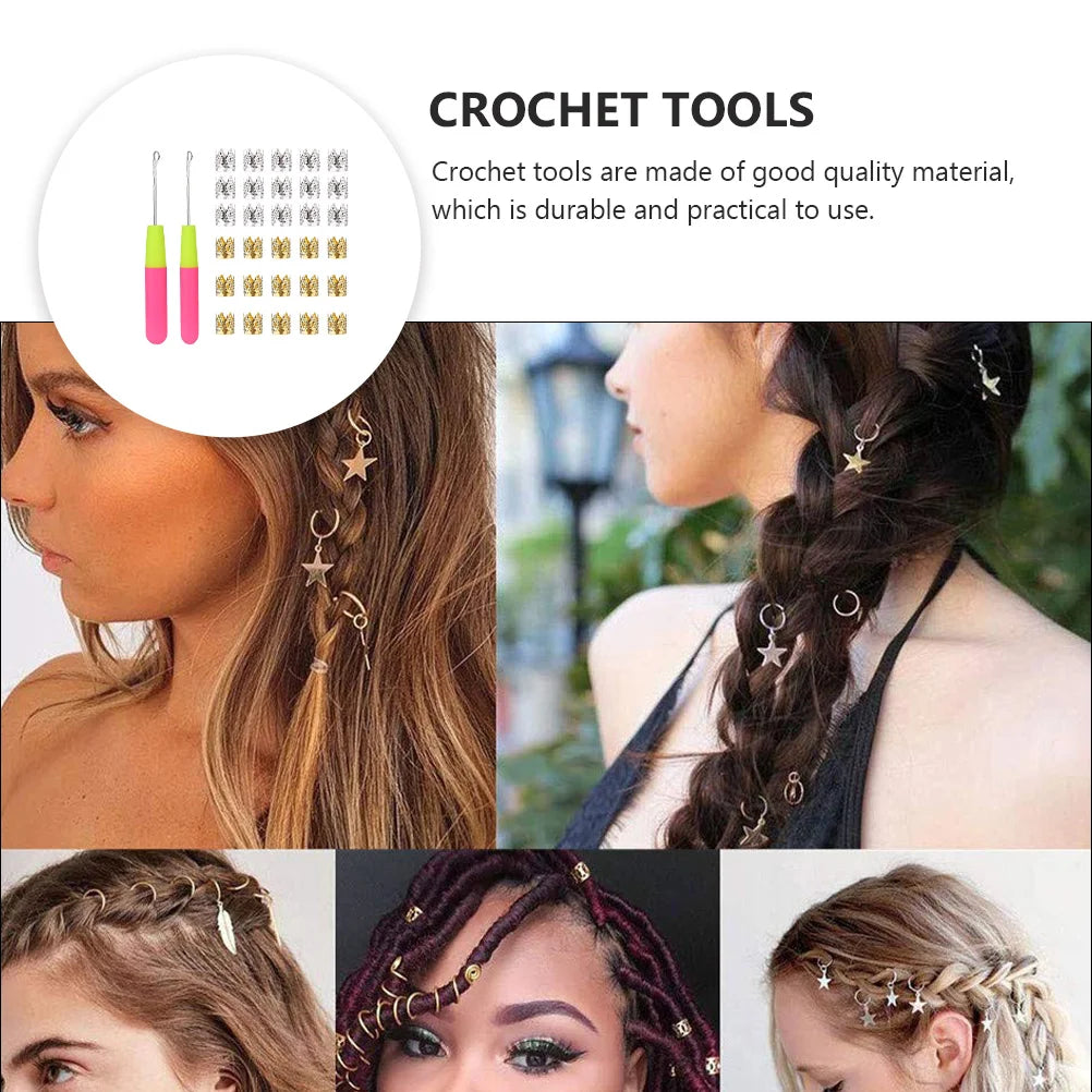 32 Pcs Crown Hair Buckle Set Dreadlocks Kit Braid Needle Crochet Buckles Ring Decors Metal Tool