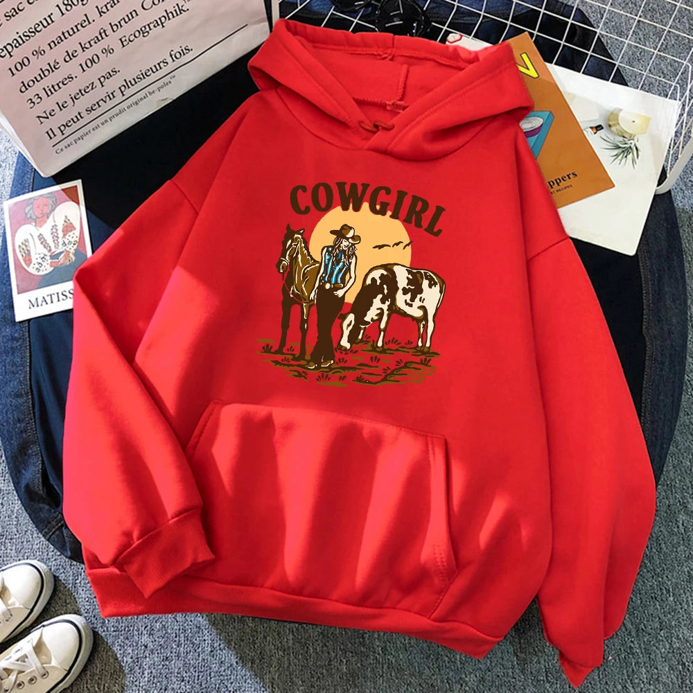 The Cowgirl And Her Cow And Horse Live In The West Hoody Woman Hip Hop Street Hoodies Crewneck Pocket Clothes Loose Pullover