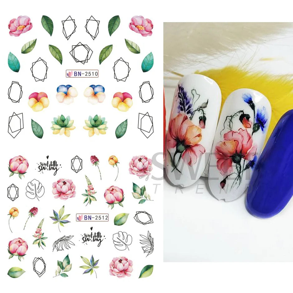 12 Design Floral Nail Art Stickers Water Decals Transfer Summer Painting Flower Leaf Rose Manicure Decoration Nail Sliders Wraps