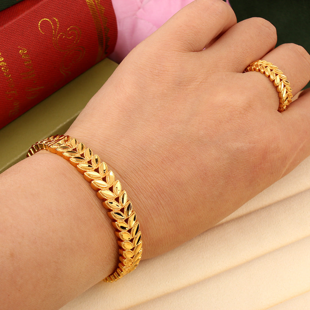 Trendy Copper Gold Plated Jewelry Bangles with Ring Leaves Design Cuff Bracelet Dubai Wedding Jewery Graduation Gifts for Girl Viralgem Store