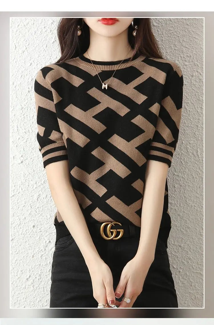 Spring Summer Knitted Top Classical Letter T-Shirt Short Sleeve Tee Korean Fashion Woman Blouse 2024 Cheap Women's Clothing Chic