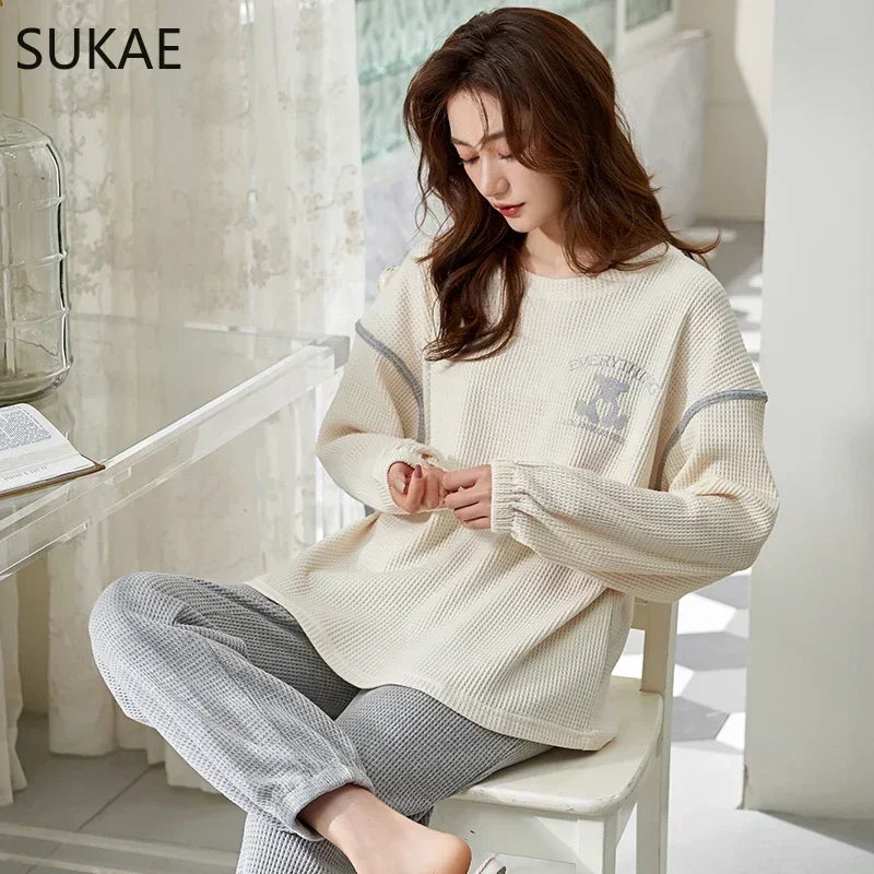 SUKAE Waffle Cotton Korean Minimalist Style Women Pajamas Spring Autumn Long Sleeves Lady Sleepwear Kawaii Round Neck Homesuits