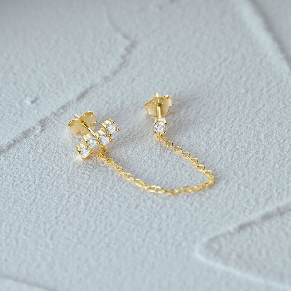 Aide 925 Sterling Silver 1pc Four Zircons Charm Chain Tassel Earrings For Women Double Studs Sparkling CZ Pave Cartilage Clips