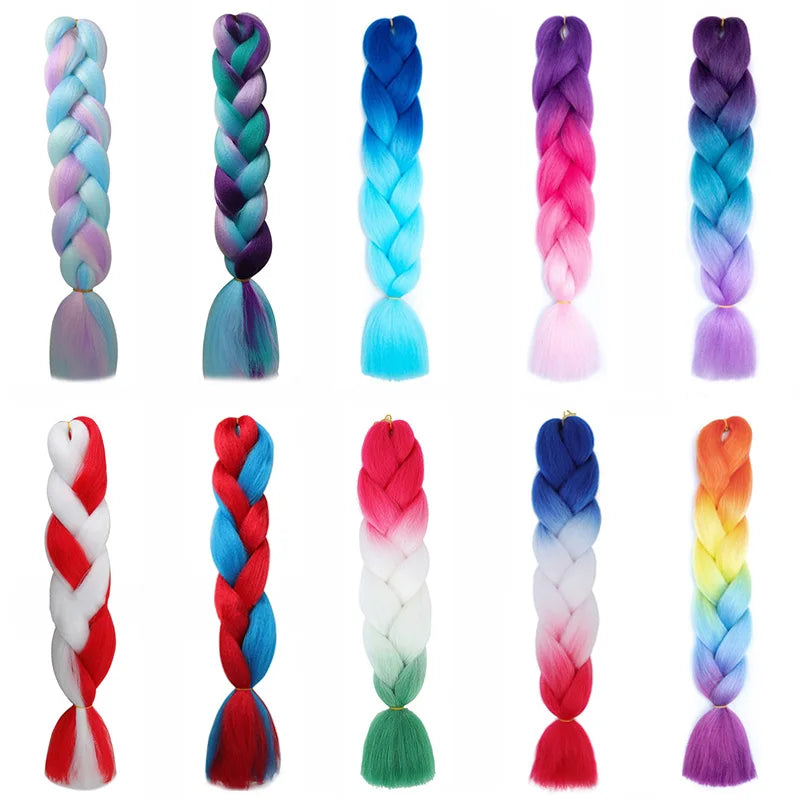 24Inch Synthetic Braiding Hair Extension Ombre Color Rainbow DIY Jumbo Hair Pink Red Blue Hairstyle for Women Viralgem Store