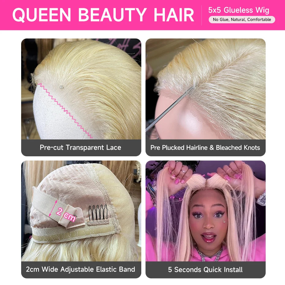 613 Glueless Wigs Human Hair 5x5 Lace Closure Wig Remy Straight Blonde Pre Plucked Glueless Wig 100% Human Hair Wigs Ready To Go
