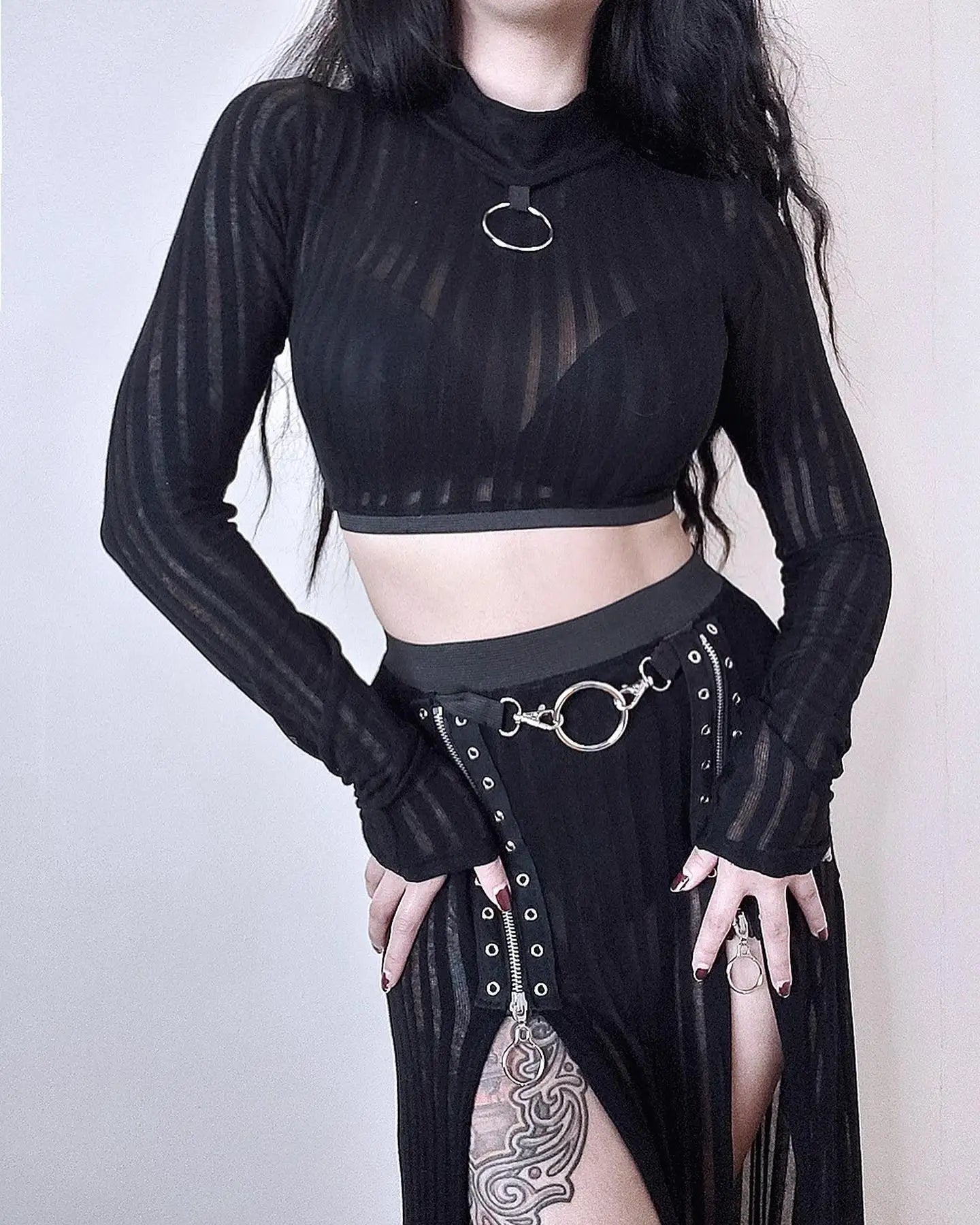 Yangelo Goth Grunge Skirt With Buckle Women Y2K Punk Sexy Bottoms Patchwork Split Long Skirts Summer Zipper See Through Clothes
