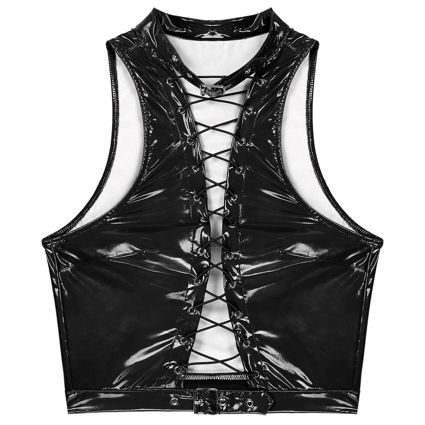 Women's Patent Leather Sleeveless Crop Tops Gothic Punk Corset Top Adjustable Round Neck Lace-up Vest Party Clothes Clubwear