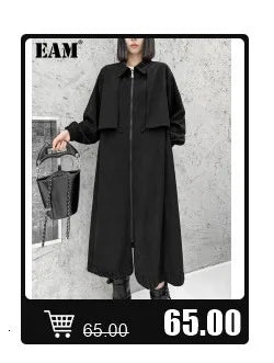 [EAM] Women Black Pu Leather Long Spaghetti Strap Dress New V-Neck Sleeveless Loose Fit Fashion Tide Spring Autumn 2024 JD03201