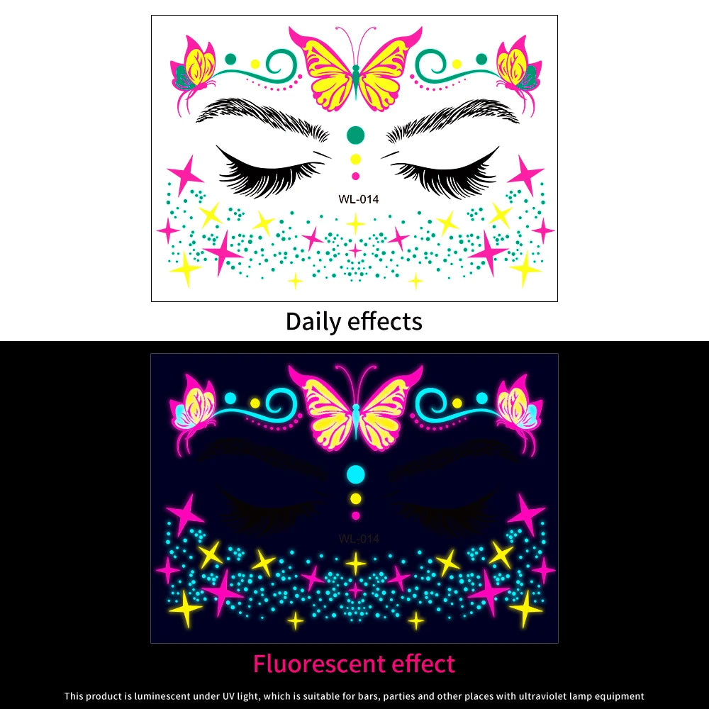 1Pcs Halloween Fluorescent Face Stickers 12-Styles Feather/Flowers/ButterflyDesign Tattoo Sticker Waterproof Glowing Face Decals Viralgem Store