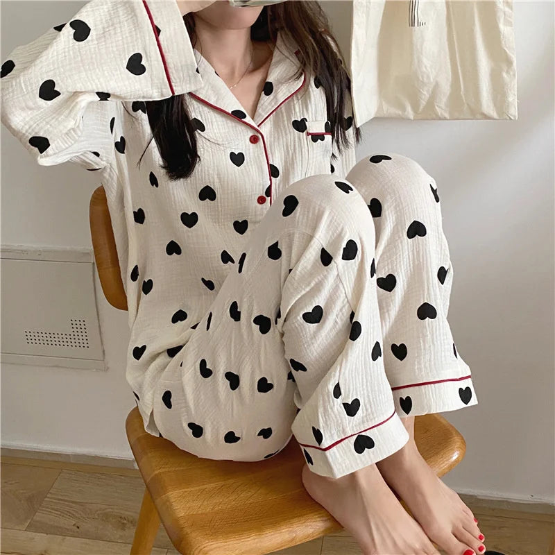 2 Pieces Womens Pajamas Long Sleeve Sleepwear Korean Heart Print Pijama Set Casual Nightwear Lady Home Suit Spring Pyjama Nighty